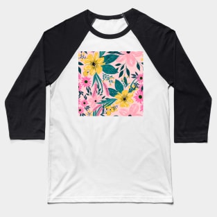 Pretty Pink Yellow Flowers Floral Baseball T-Shirt